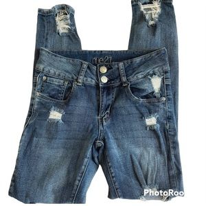 Distressed, skinny ankle jeans